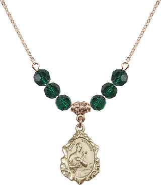 18" Hamilton Gold Plated Necklace with 4mm Emerald Crystal Beads featuring a 14kt Gold Filled Saint Gerard Medal. Engraved Catholic Saint Jewelry