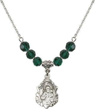 18" Rhodium Plated Necklace with 4mm Emerald Crystal Beads featuring a Sterling Silver Saint Joseph Medal. Engraved Catholic Saint Jewelry