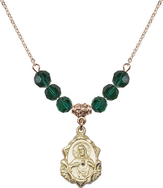 18" Hamilton Gold Plated Necklace with 4mm Emerald Crystal Beads featuring a 14kt Gold Filled Scapular Medal.