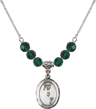 18" Rhodium Plated Necklace with 4mm Emerald Crystal Beads featuring a Sterling Silver First Penance Medal.