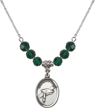 18" Rhodium Plated Necklace with 4mm Emerald Crystal Beads featuring a Sterling Silver Graduation Medal.
