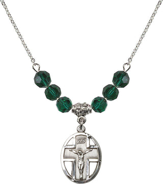 18" Rhodium Plated Necklace with 4mm Emerald Crystal Beads featuring a Sterling Silver Crucifix Medal.