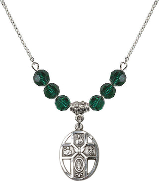 18" Rhodium Plated Necklace with 4mm Emerald Crystal Beads featuring a Sterling Silver 5-Way / Holy Spirit Medal.