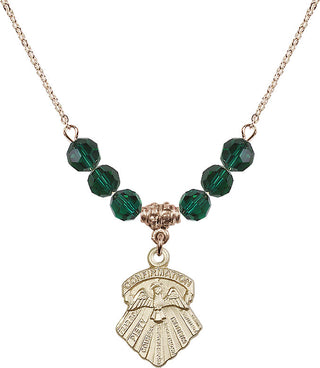 18" Hamilton Gold Plated Necklace with 4mm Emerald Crystal Beads featuring a 14kt Gold Filled Seven Gifts Medal.