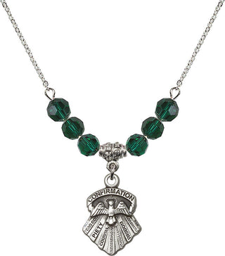 18" Rhodium Plated Necklace with 4mm Emerald Crystal Beads featuring a Sterling Silver Seven Gifts Medal.