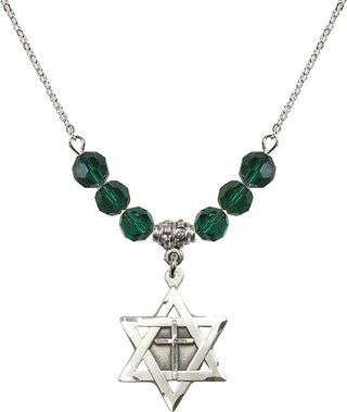 18" Rhodium Plated Necklace with 4mm Emerald Crystal Beads featuring a Sterling Silver Star of David with Cross Medal.