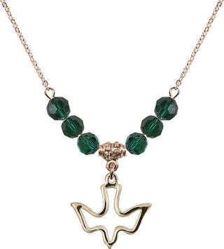 18" Hamilton Gold Plated Necklace with 4mm Emerald Crystal Beads featuring a 14kt Gold Filled Holy Spirit Medal.