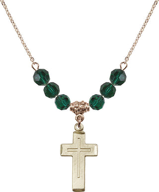 18" Hamilton Gold Plated Necklace with 4mm Emerald Crystal Beads featuring a 14kt Gold Filled Cross Medal.