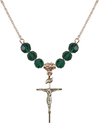 18" Hamilton Gold Plated Necklace with 4mm Emerald Crystal Beads featuring a 14kt Gold Filled Crucifix Medal.