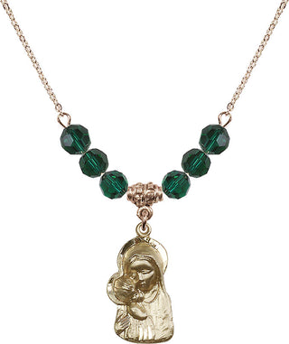 18" Hamilton Gold Plated Necklace with 4mm Emerald Crystal Beads featuring a 14kt Gold Filled Madonna & Child Medal.