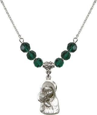 18" Rhodium Plated Necklace with 4mm Emerald Crystal Beads featuring a Sterling Silver Madonna & Child Medal.