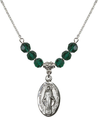 18" Rhodium Plated Necklace with 4mm Emerald Crystal Beads featuring a Sterling Silver Miraculous Medal.