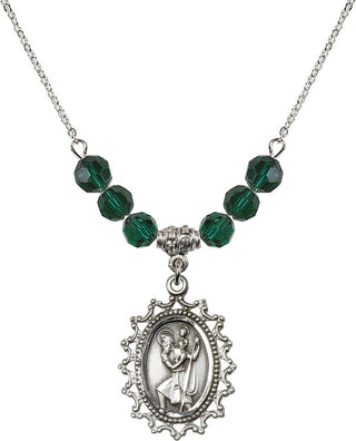 18" Rhodium Plated Necklace with 4mm Emerald Crystal Beads featuring a Sterling Silver Saint Christopher Medal.