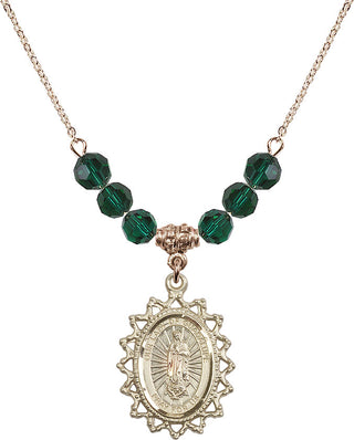 18" Hamilton Gold Plated Necklace with 4mm Emerald Crystal Beads featuring a 14kt Gold Filled Our Lady of Guadalupe Medal.