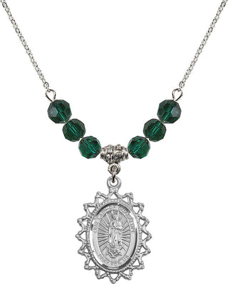 18" Rhodium Plated Necklace with 4mm Emerald Crystal Beads featuring a Sterling Silver Our Lady of Guadalupe Medal.
