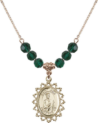 18" Hamilton Gold Plated Necklace with 4mm Emerald Crystal Beads featuring a 14kt Gold Filled Saint Jude Medal.