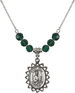 18" Rhodium Plated Necklace with 4mm Emerald Crystal Beads featuring a Sterling Silver Saint Jude Medal.