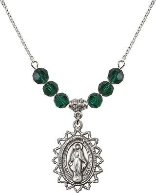 18" Rhodium Plated Necklace with 4mm Emerald Crystal Beads featuring a Sterling Silver Miraculous Medal.