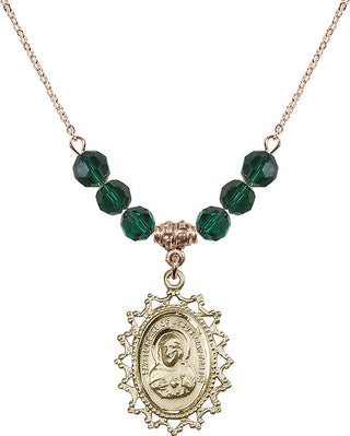 18" Hamilton Gold Plated Necklace with 4mm Emerald Crystal Beads featuring a 14kt Gold Filled Scapular Medal.
