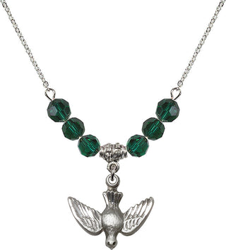 18" Rhodium Plated Necklace with 4mm Emerald Crystal Beads featuring a Sterling Silver Holy Spirit Medal.