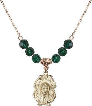 18" Hamilton Gold Plated Necklace with 4mm Emerald Crystal Beads featuring a 14kt Gold Filled Madonna Medal.