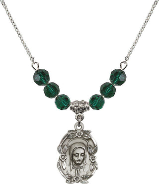 18" Rhodium Plated Necklace with 4mm Emerald Crystal Beads featuring a Sterling Silver Madonna Medal.