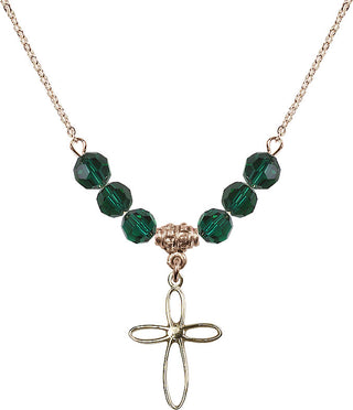 18" Hamilton Gold Plated Necklace with 4mm Emerald Crystal Beads featuring a 14kt Gold Filled Loop Cross Medal.