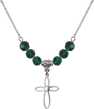18" Rhodium Plated Necklace with 4mm Emerald Crystal Beads featuring a Sterling Silver Loop Cross Medal.