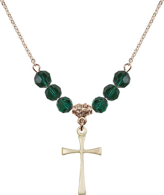 18" Hamilton Gold Plated Necklace with 4mm Emerald Crystal Beads featuring a 14kt Gold Filled Maltese Cross Medal.