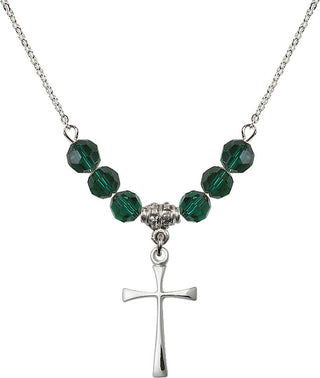 18" Rhodium Plated Necklace with 4mm Emerald Crystal Beads featuring a Sterling Silver Maltese Cross Medal.
