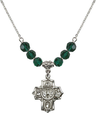 18" Rhodium Plated Necklace with 4mm Emerald Crystal Beads featuring a Sterling Silver 5-Way Medal.