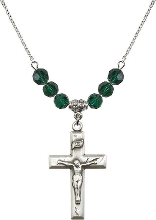 18" Rhodium Plated Necklace with 4mm Emerald Crystal Beads featuring a Sterling Silver Crucifix Medal.