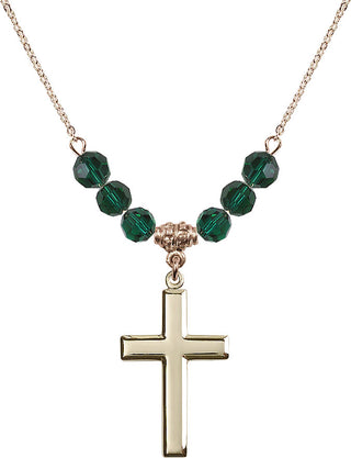 18" Hamilton Gold Plated Necklace with 4mm Emerald Crystal Beads featuring a 14kt Gold Filled Cross Medal.