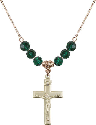 18" Hamilton Gold Plated Necklace with 4mm Emerald Crystal Beads featuring a 14kt Gold Filled Crucifix Medal.