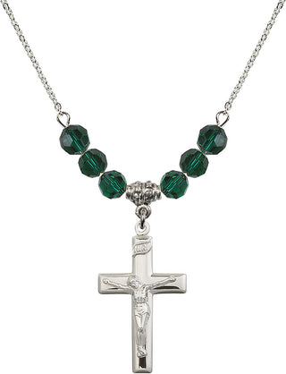 18" Rhodium Plated Necklace with 4mm Emerald Crystal Beads featuring a Sterling Silver Crucifix Medal.