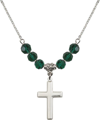 18" Rhodium Plated Necklace with 4mm Emerald Crystal Beads featuring a Sterling Silver Cross Medal.