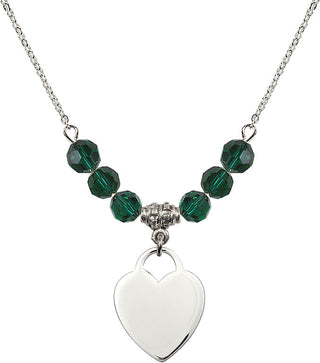 18" Rhodium Plated Necklace with 4mm Emerald Crystal Beads featuring a Sterling Silver Heart Medal. Engraved Catholic Saint Jewelry