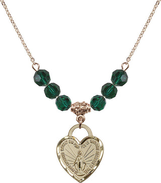 18" Hamilton Gold Plated Necklace with 4mm Emerald Crystal Beads featuring a 14kt Gold Filled Miraculous Heart Medal. Engraved Catholic Saint Jewelry