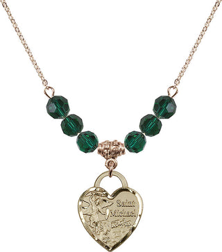 18" Hamilton Gold Plated Necklace with 4mm Emerald Crystal Beads featuring a 14kt Gold Filled Saint Michael the Archangel Medal. Engraved Catholic Saint Jewelry