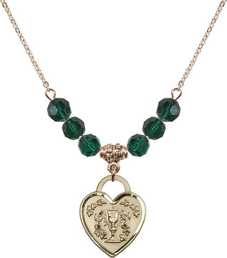 18" Hamilton Gold Plated Necklace with 4mm Emerald Crystal Beads featuring a 14kt Gold Filled Communion Heart Medal. Engraved Catholic Saint Jewelry