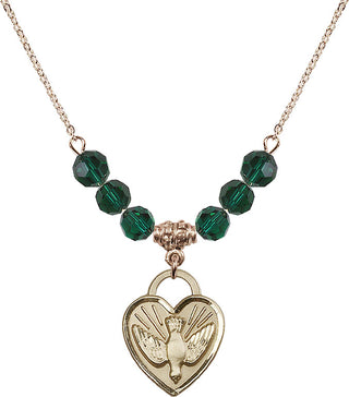 18" Hamilton Gold Plated Necklace with 4mm Emerald Crystal Beads featuring a 14kt Gold Filled Confirmation Heart Medal. Engraved Catholic Saint Jewelry