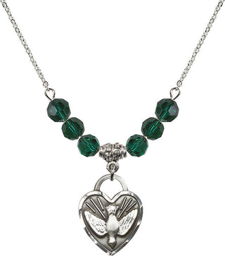 18" Rhodium Plated Necklace with 4mm Emerald Crystal Beads featuring a Sterling Silver Confirmation Heart Medal. Engraved Catholic Saint Jewelry
