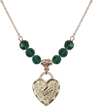 18" Hamilton Gold Plated Necklace with 4mm Emerald Crystal Beads featuring a 14kt Gold Filled Graduation Heart Medal. Engraved Catholic Saint Jewelry