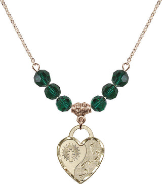 18" Hamilton Gold Plated Necklace with 4mm Emerald Crystal Beads featuring a 14kt Gold Filled Footprints Heart Medal. Engraved Catholic Saint Jewelry