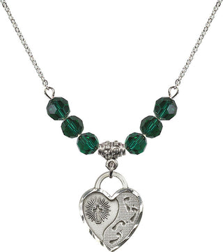 18" Rhodium Plated Necklace with 4mm Emerald Crystal Beads featuring a Sterling Silver Footprints Heart Medal. Engraved Catholic Saint Jewelry