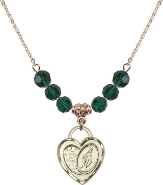 18" Hamilton Gold Plated Necklace with 4mm Emerald Crystal Beads featuring a 14kt Gold Filled Miraculous Heart Medal.