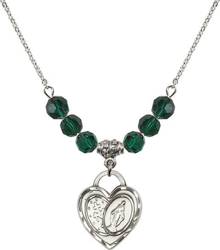 18" Rhodium Plated Necklace with 4mm Emerald Crystal Beads featuring a Sterling Silver Miraculous Heart Medal.