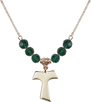 18" Hamilton Gold Plated Necklace with 4mm Emerald Crystal Beads featuring a 14kt Gold Filled Tau Cross Medal.