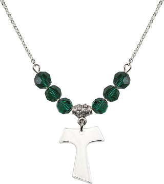 18" Rhodium Plated Necklace with 4mm Emerald Crystal Beads featuring a Sterling Silver Tau Cross Medal.