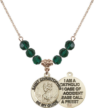 18" Hamilton Gold Plated Necklace with 4mm Emerald Crystal Beads featuring a 14kt Gold Filled Saint Christopher Medal.
